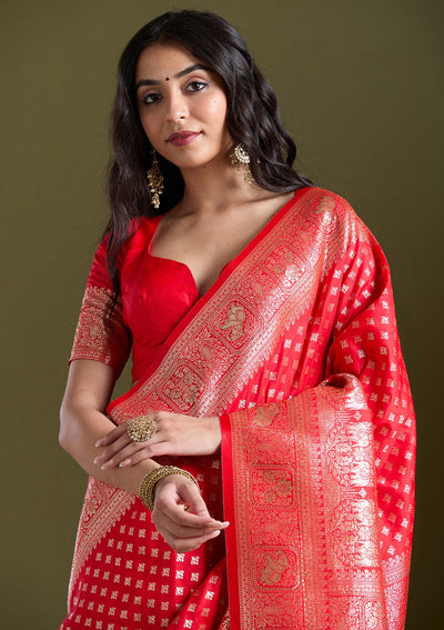 Red Stonework Banarasi Silk Saree-koskii