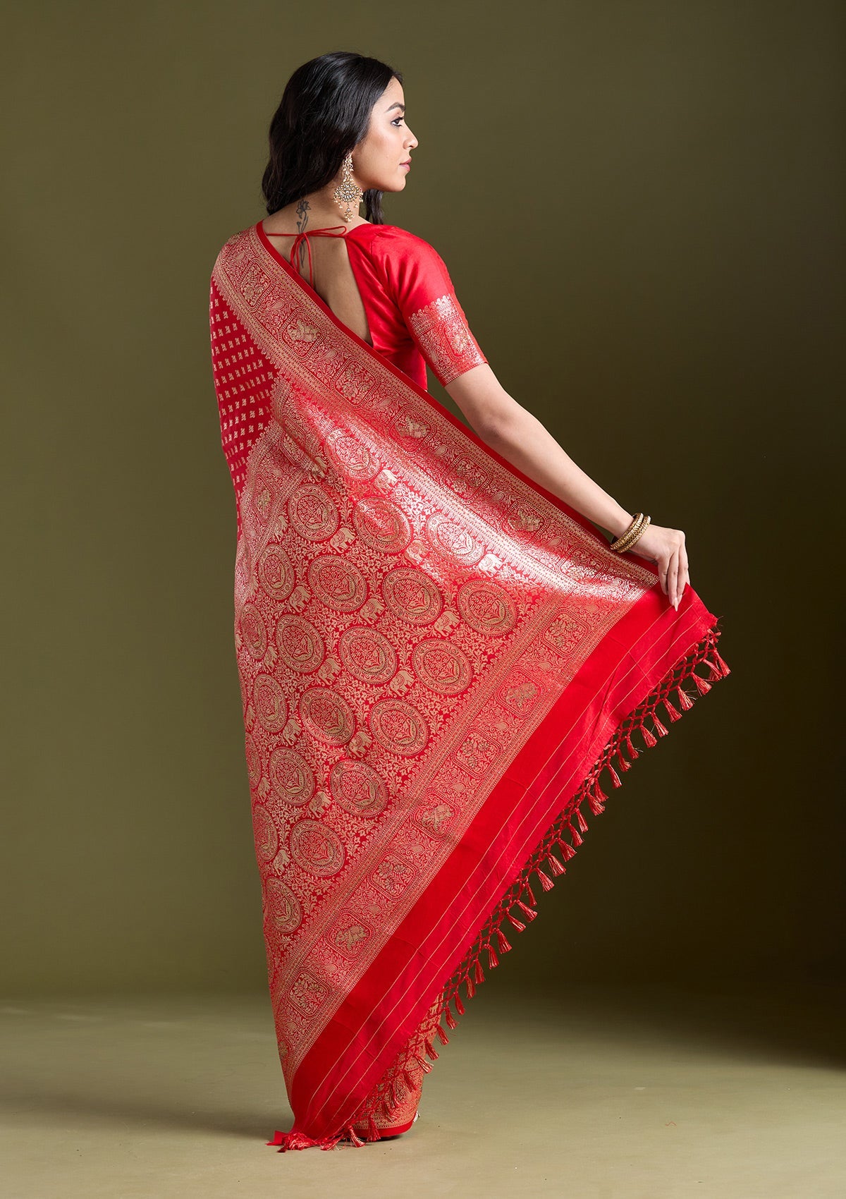 Red Stonework Banarasi Silk Saree-koskii