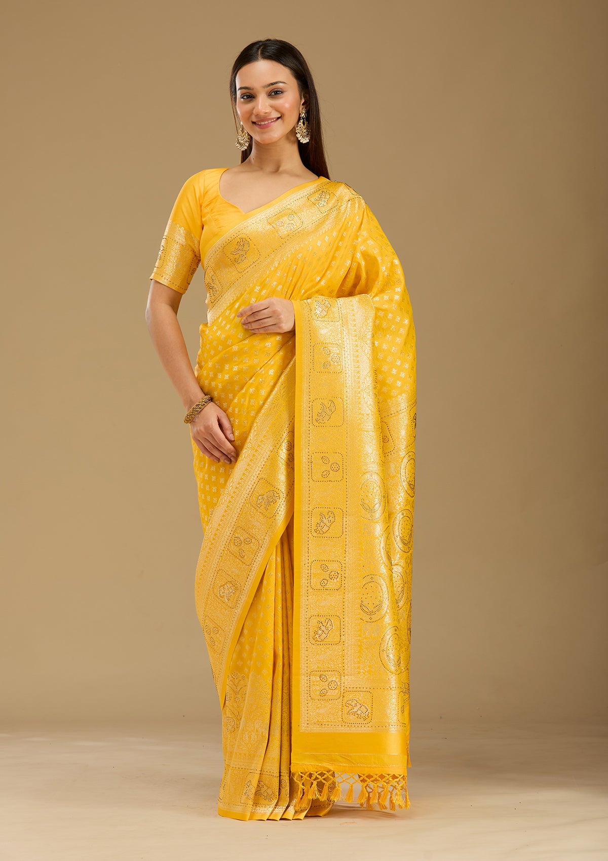 Yellow Stonework Silk Silk_Saree-Koskii