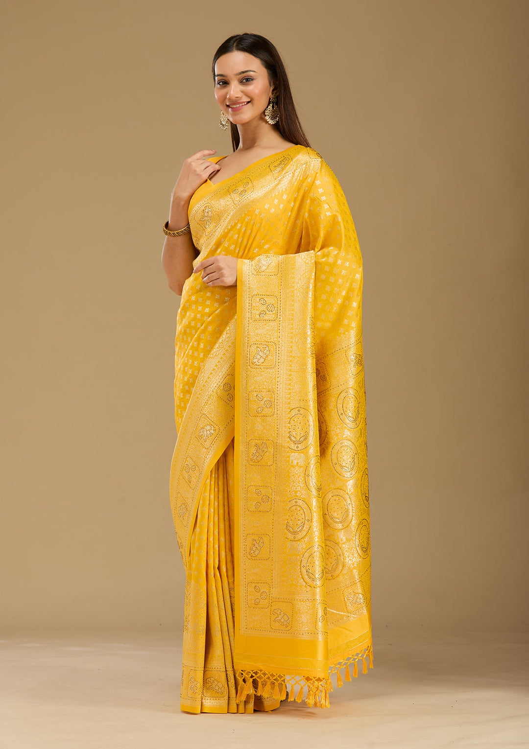 Yellow Stonework Silk Silk_Saree-Koskii