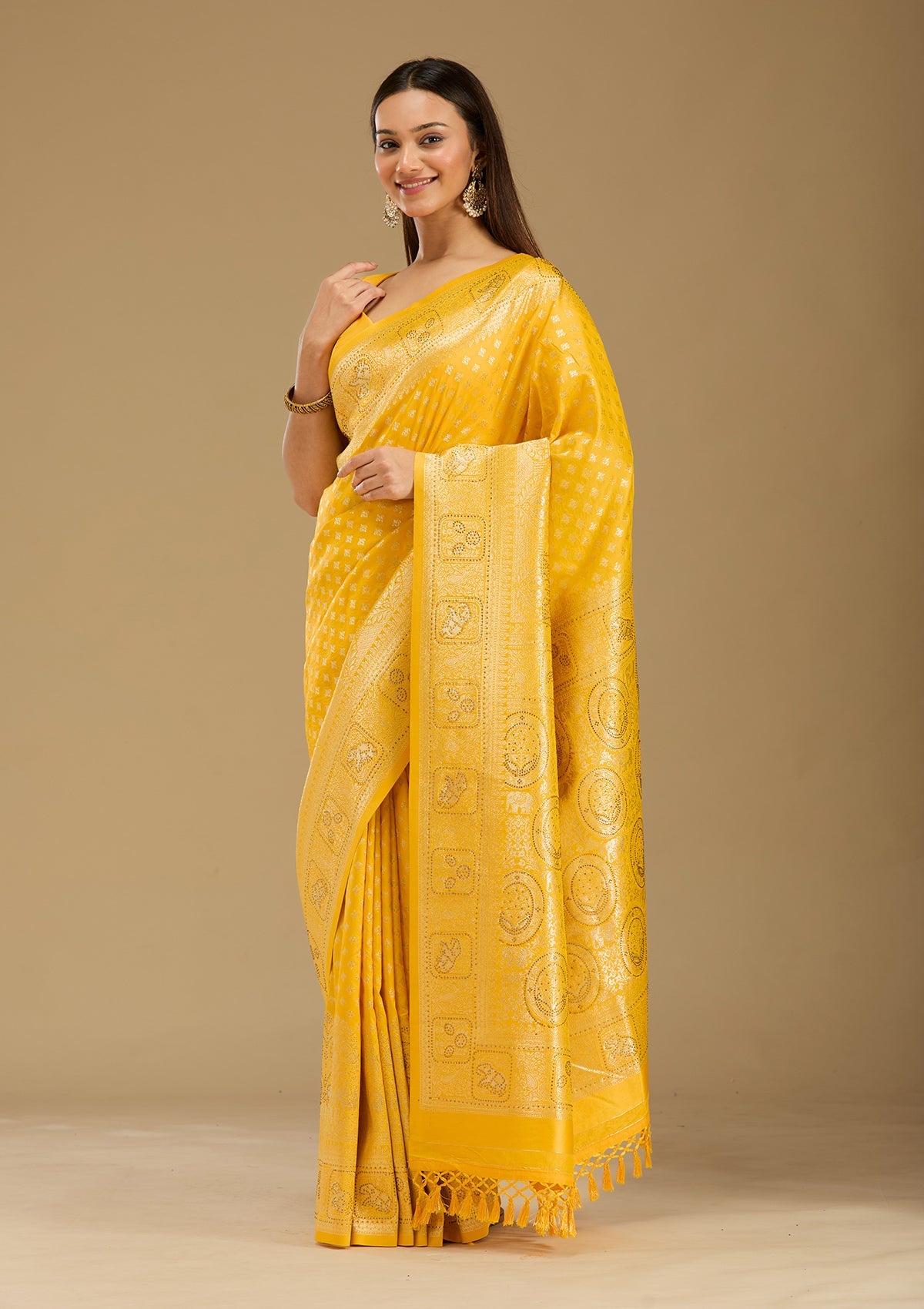 Yellow Stonework Silk Silk_Saree-Koskii