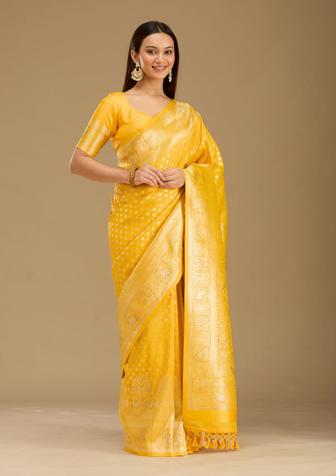 Yellow Stonework Silk Silk_Saree-Koskii