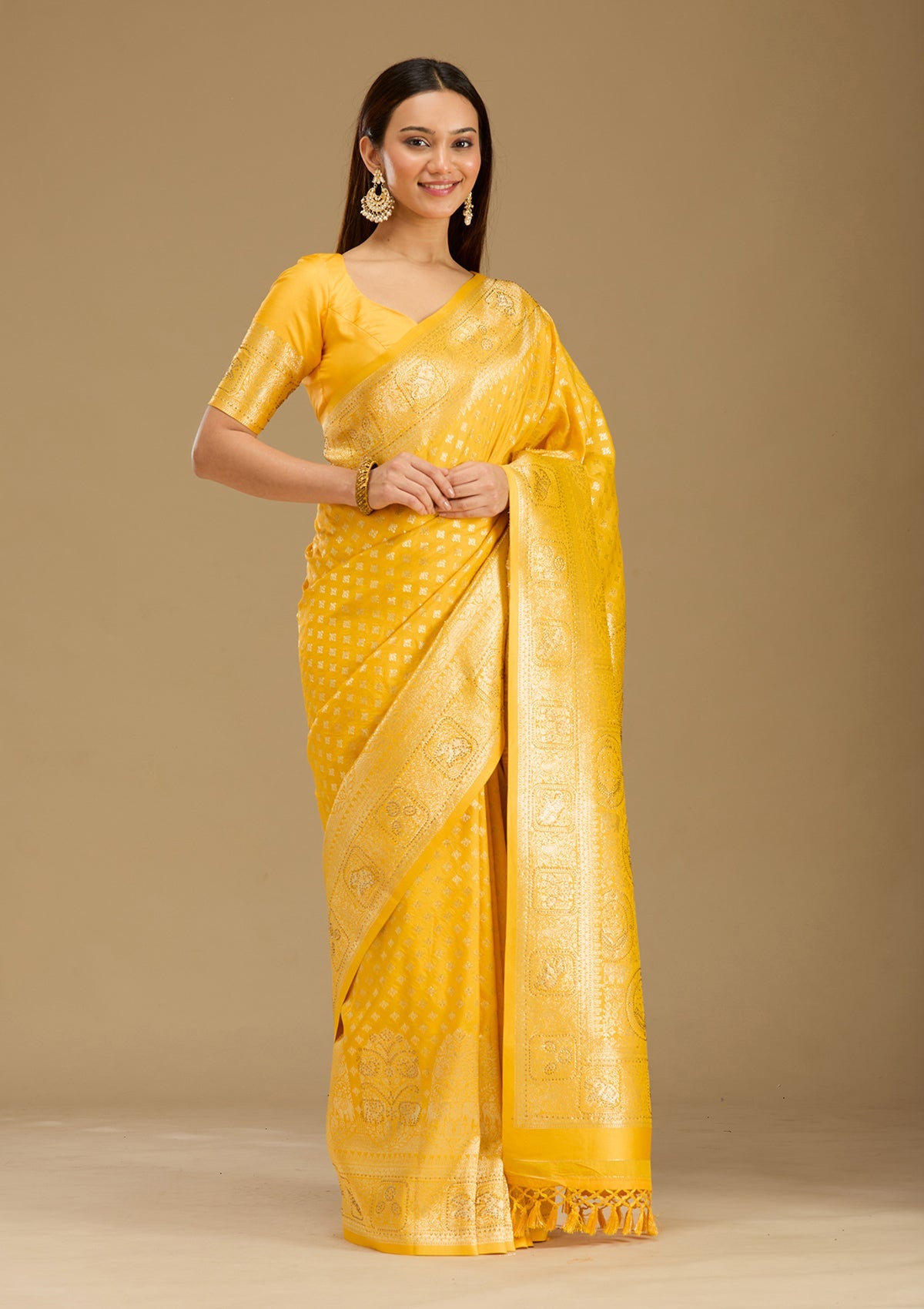 Yellow Stonework Silk Silk_Saree-Koskii