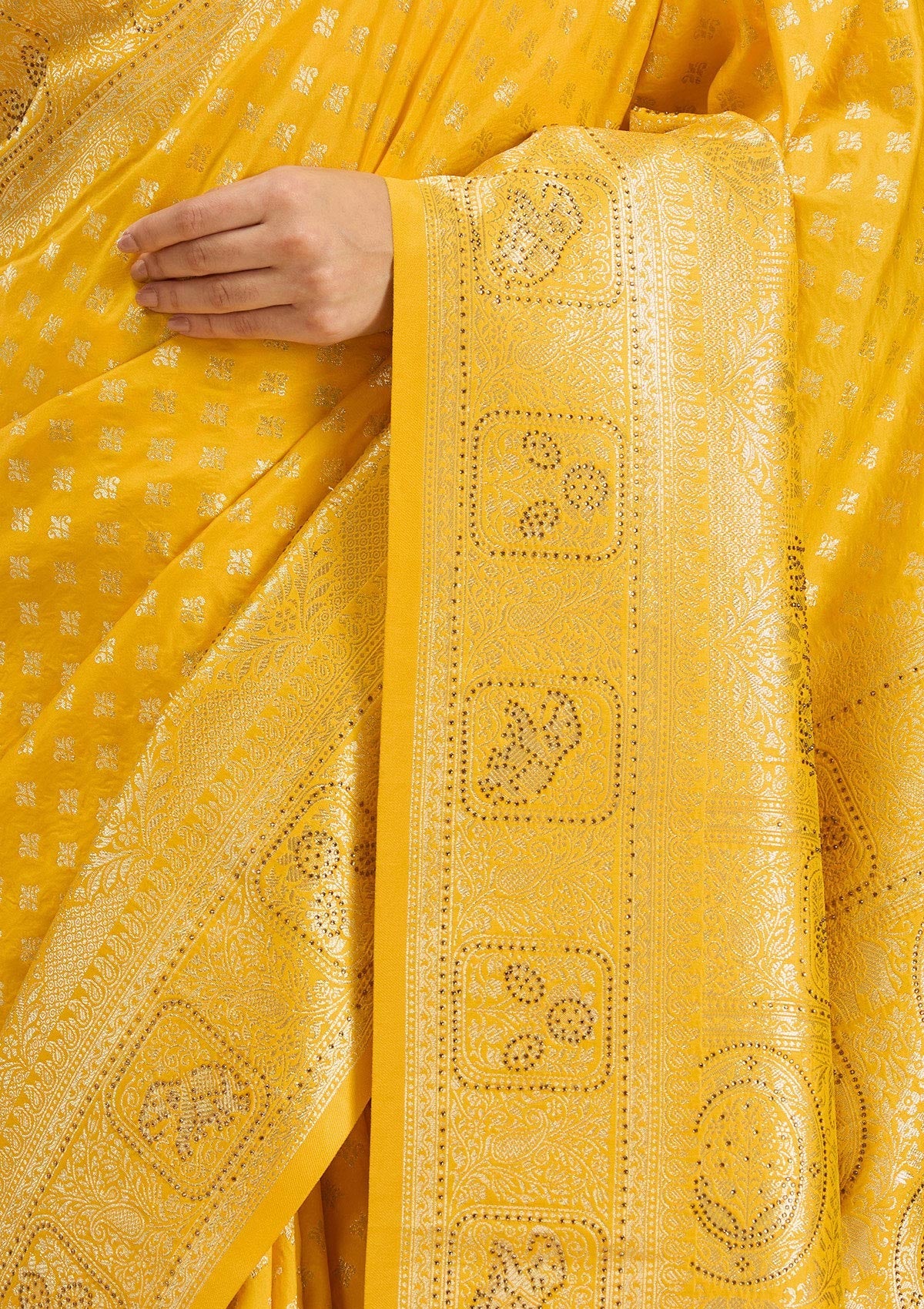 Yellow Stonework Silk Silk_Saree-Koskii