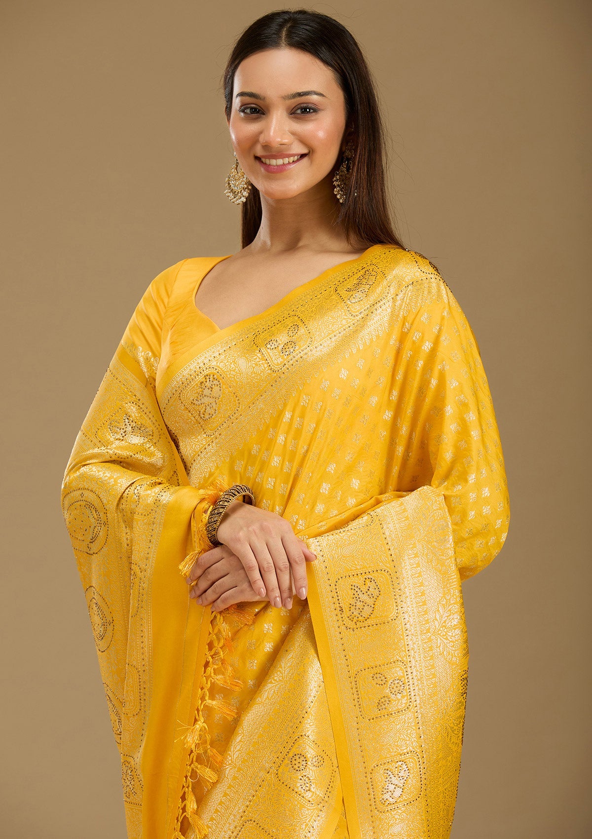 Yellow Stonework Silk Silk_Saree-Koskii