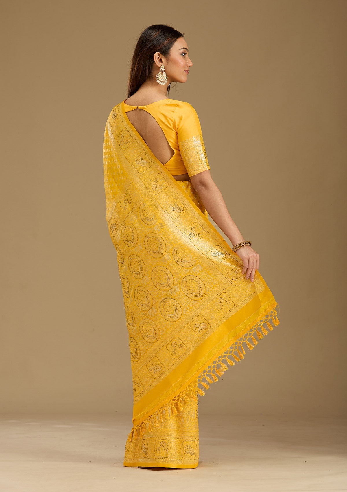 Yellow Stonework Silk Silk_Saree-Koskii