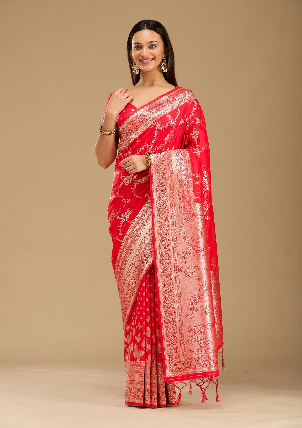 Red Stonework Silk Saree-Koskii