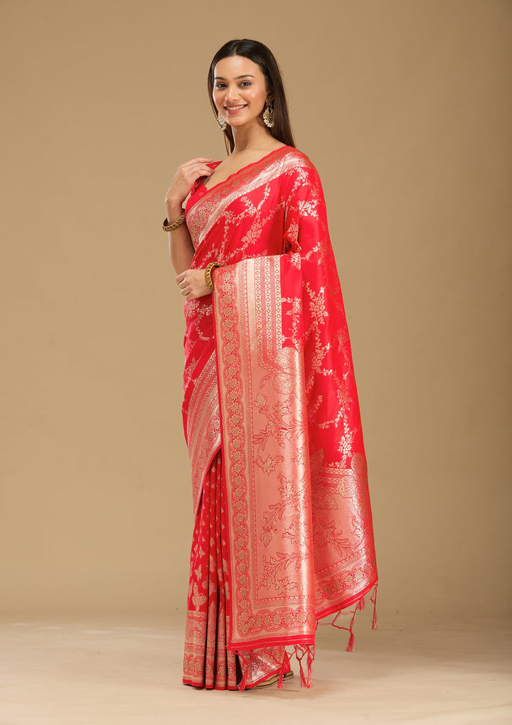 Red Stonework Silk Saree-Koskii