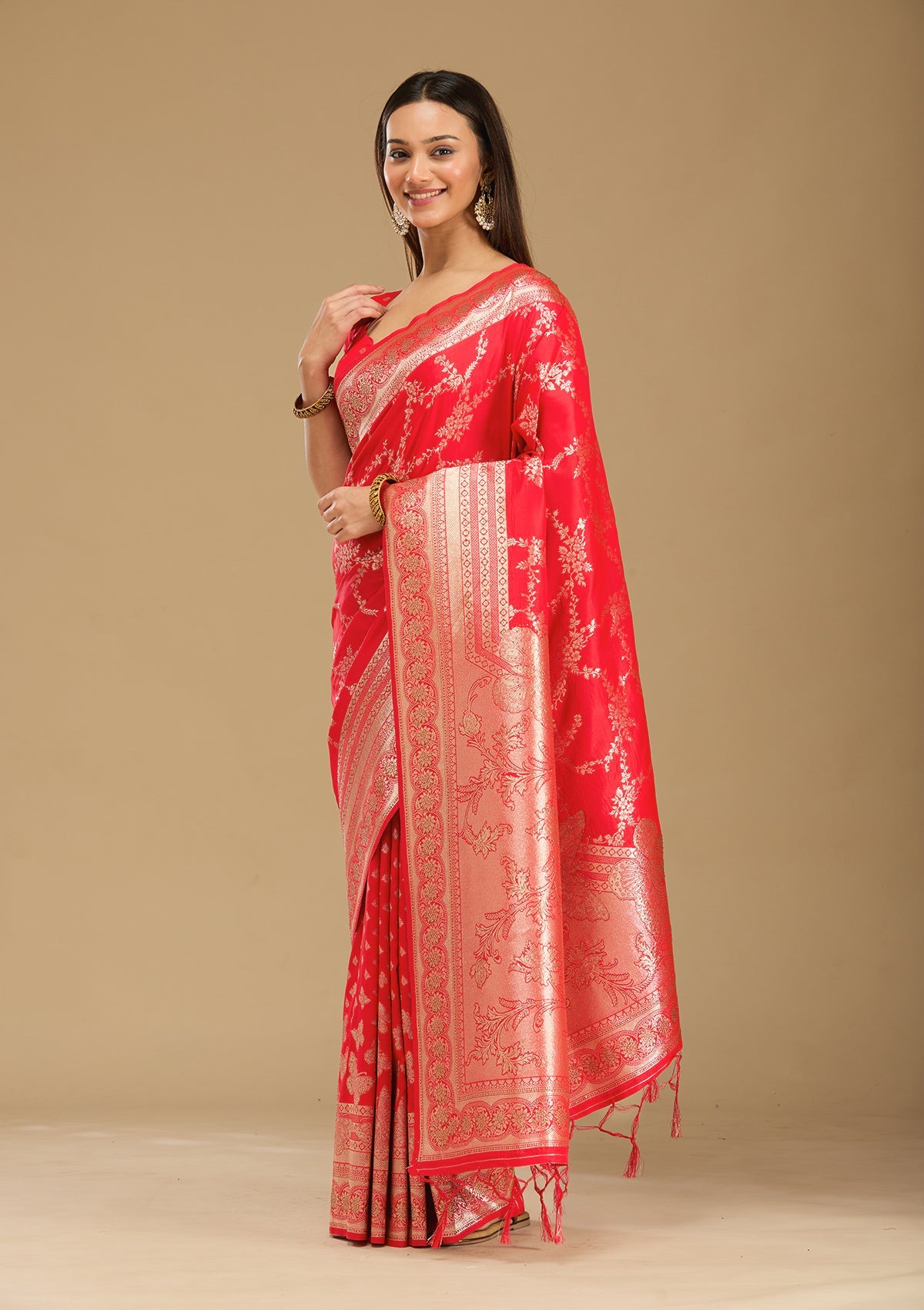 Red Stonework Silk Saree-Koskii