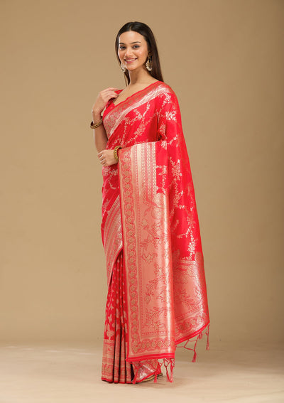 Red Stonework Silk Saree-Koskii