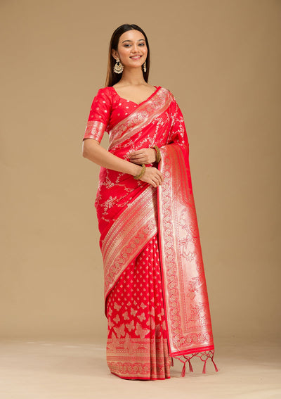 Red Stonework Silk Saree-Koskii