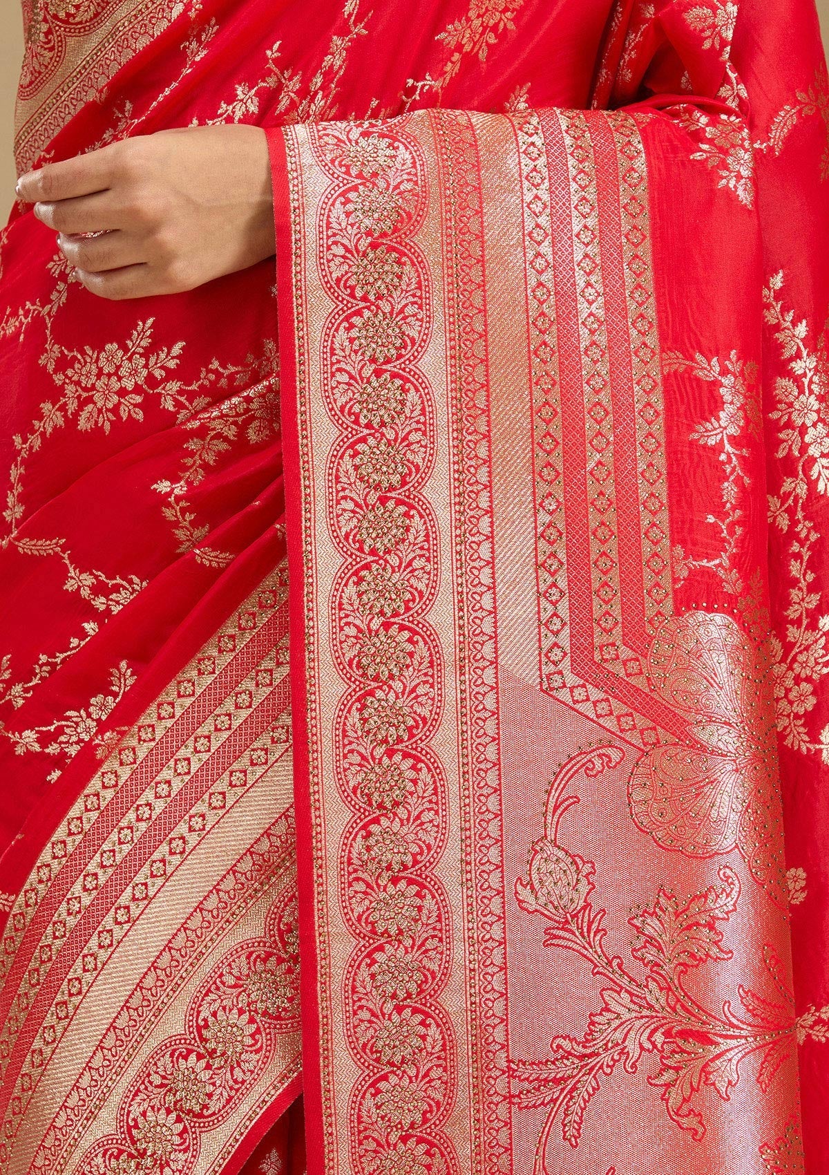 Red Stonework Silk Saree-Koskii