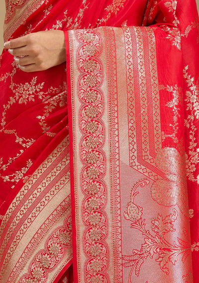 Red Stonework Silk Saree-Koskii