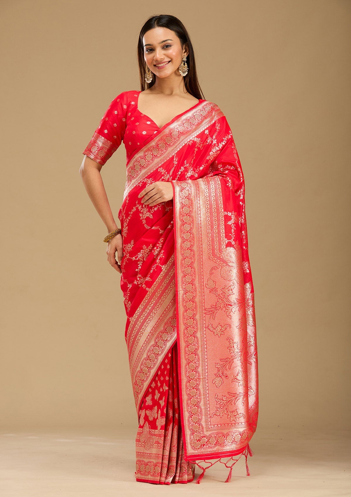 Red Stonework Silk Saree-Koskii