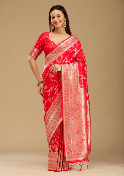 Red Stonework Silk Saree-Koskii
