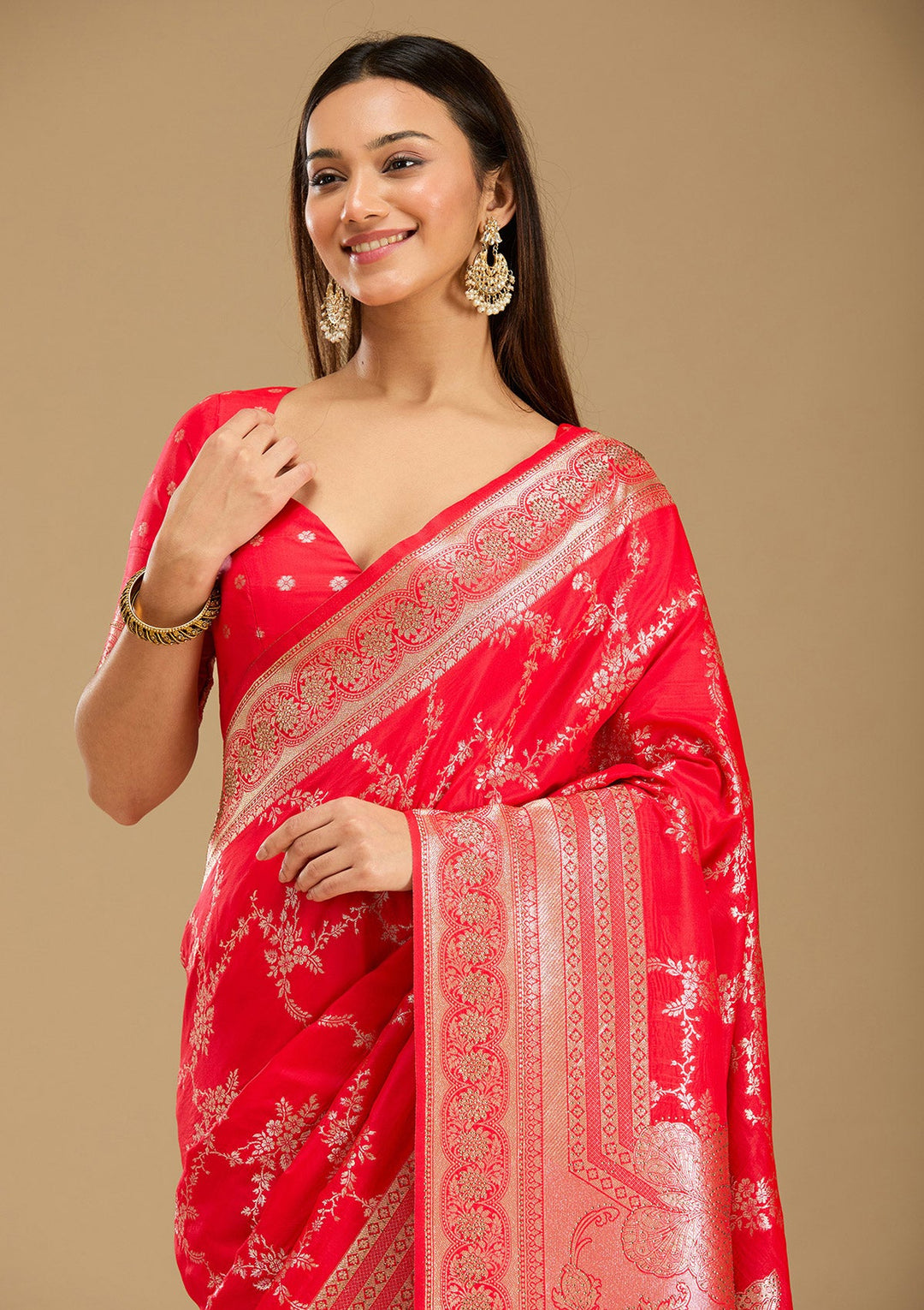Red Stonework Silk Saree-Koskii