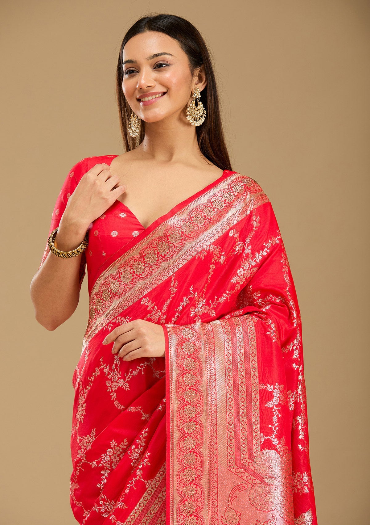 Red Stonework Silk Saree-Koskii