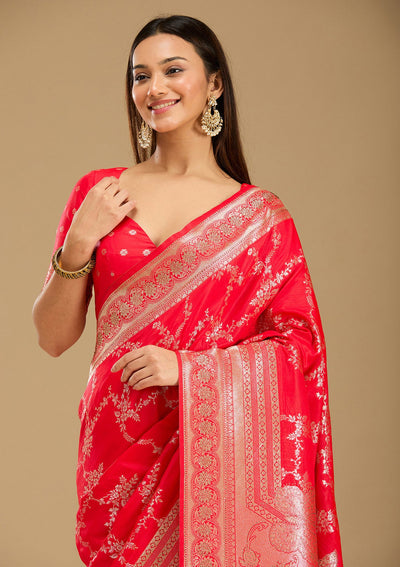 Red Stonework Silk Saree-Koskii