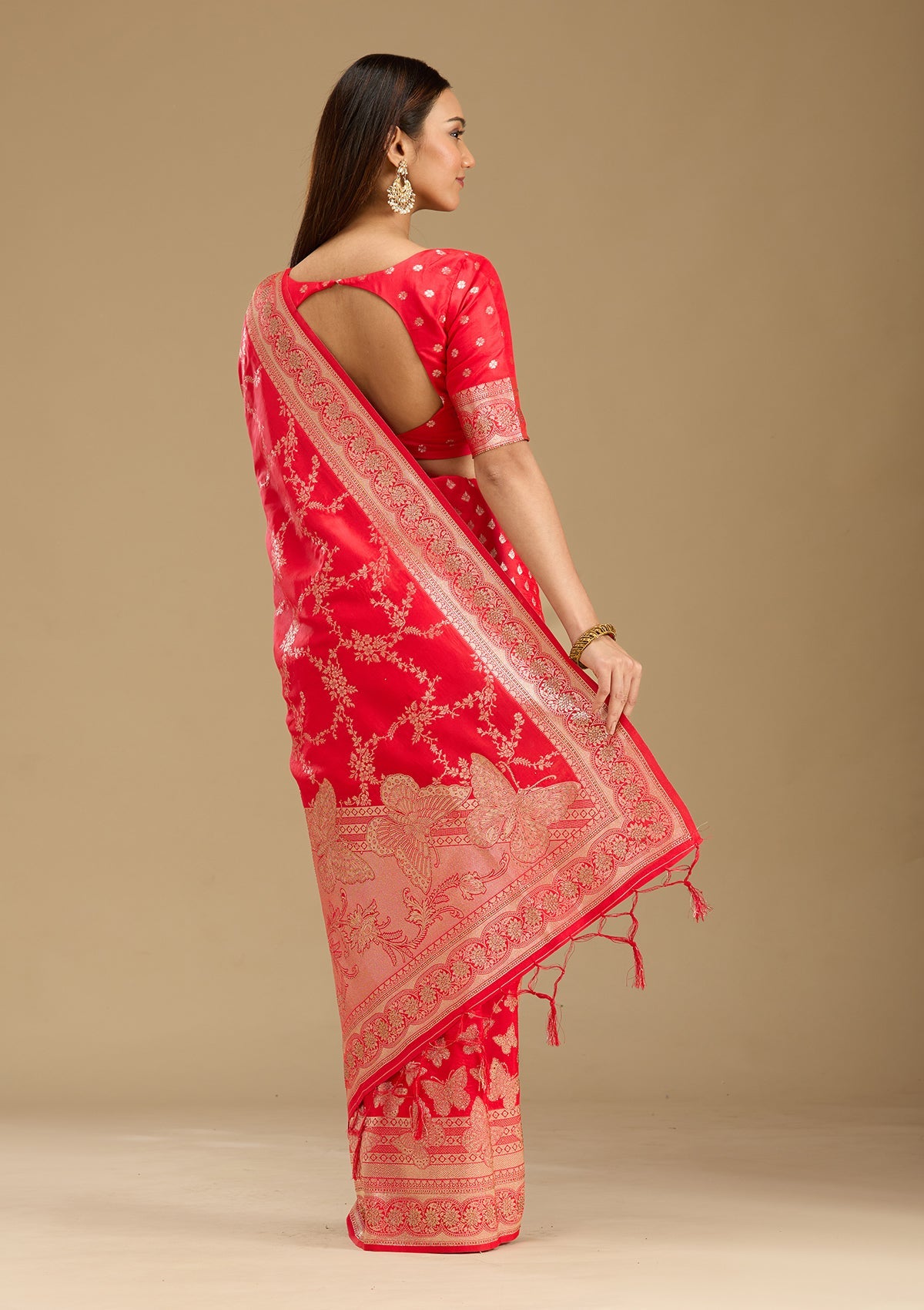 Red Stonework Silk Saree-Koskii