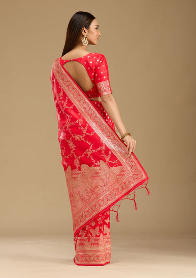 Red Stonework Silk Saree-Koskii