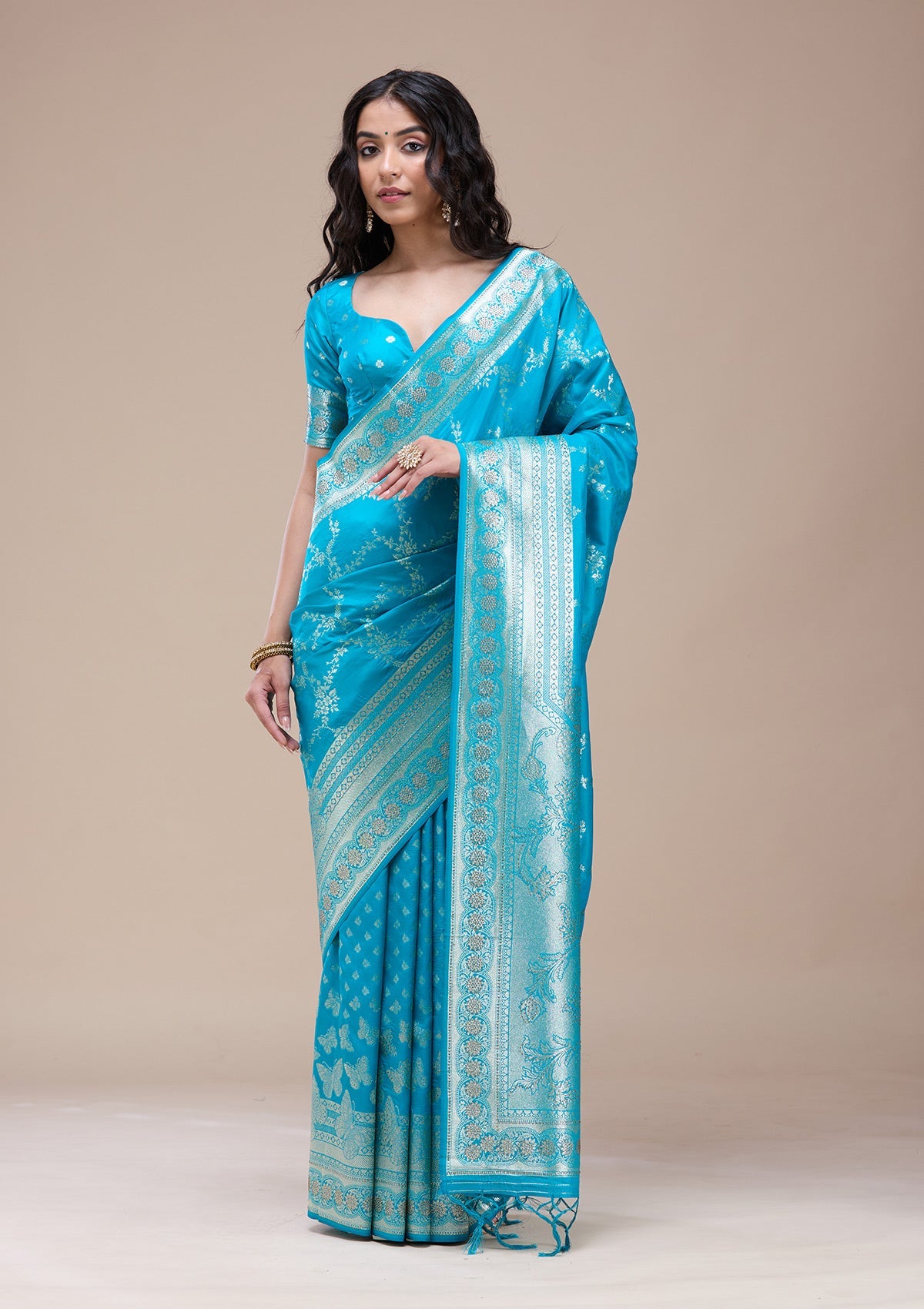 Turquoise Blue Stonework Banarasi Silk Saree-koskii