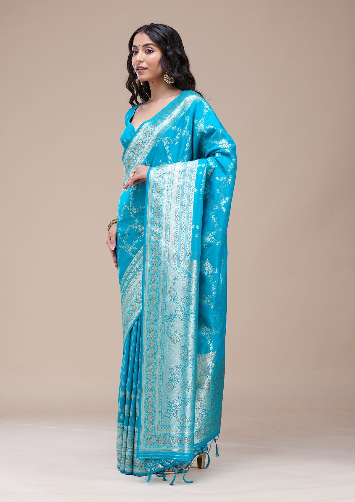 Turquoise Blue Stonework Banarasi Silk Saree-koskii