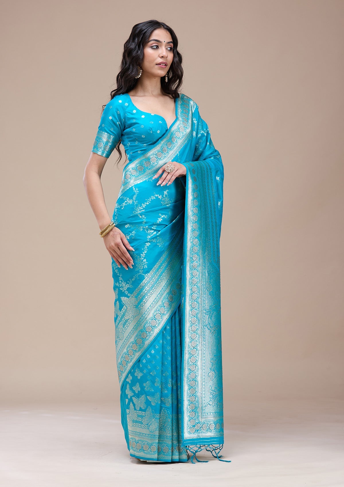 Turquoise Blue Stonework Banarasi Silk Saree-koskii
