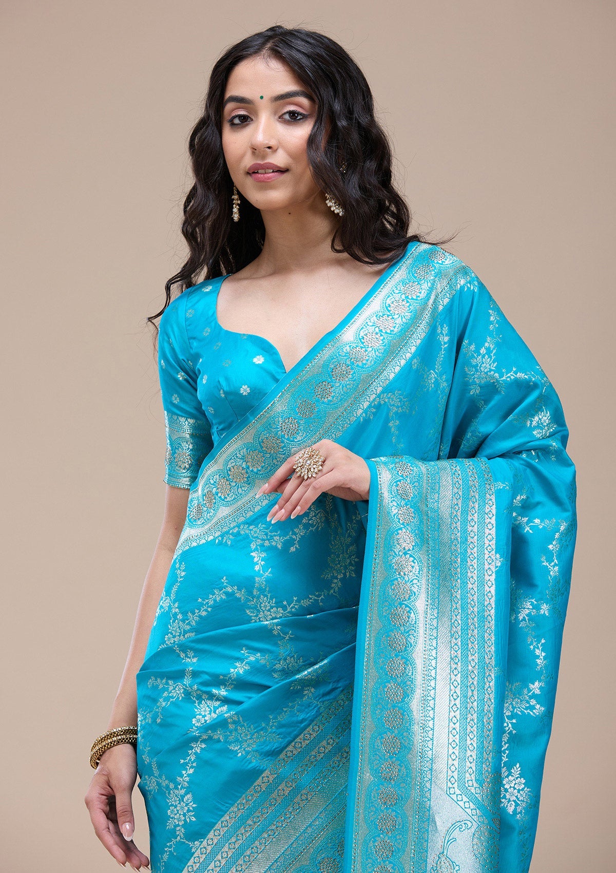 Turquoise Blue Stonework Banarasi Silk Saree-koskii
