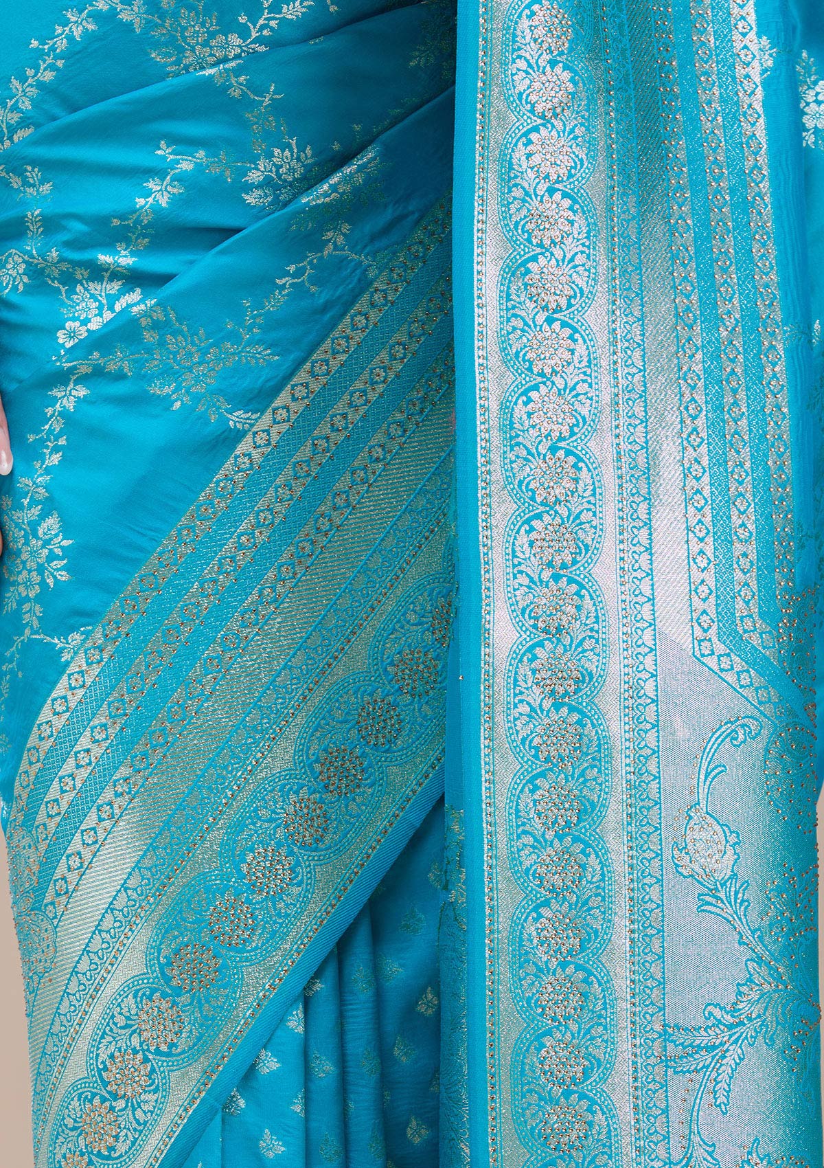 Turquoise Blue Stonework Banarasi Silk Saree-koskii