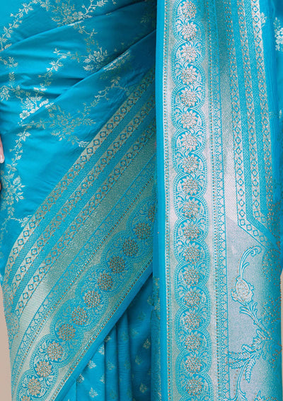Turquoise Blue Stonework Banarasi Silk Saree-koskii