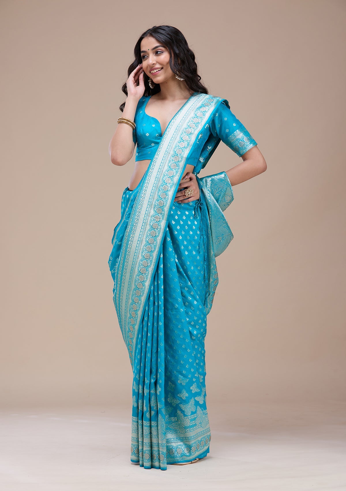 Turquoise Blue Stonework Banarasi Silk Saree-koskii