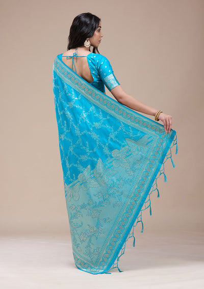 Turquoise Blue Stonework Banarasi Silk Saree-koskii