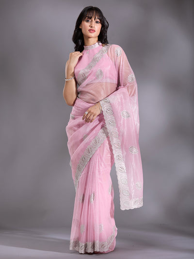 Baby Pink Cutwork Organza Saree-Koskii