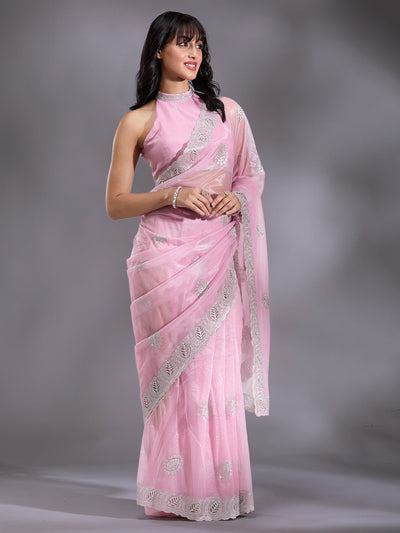 Baby Pink Cutwork Organza Saree-Koskii