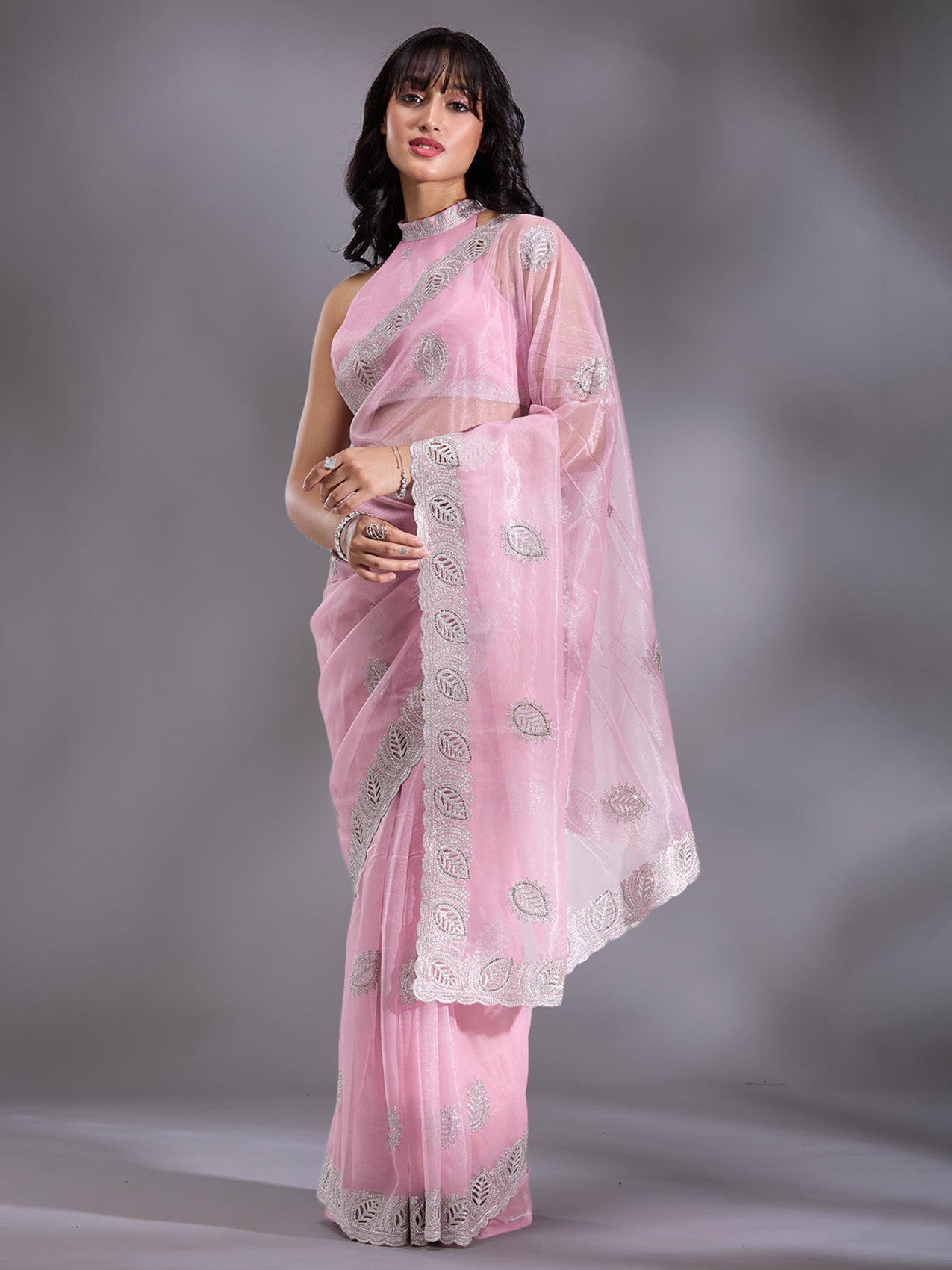 Baby Pink Cutwork Organza Saree-Koskii
