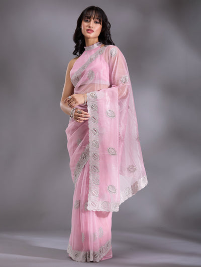 Baby Pink Cutwork Organza Saree-Koskii