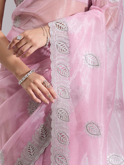 Baby Pink Cutwork Organza Saree-Koskii