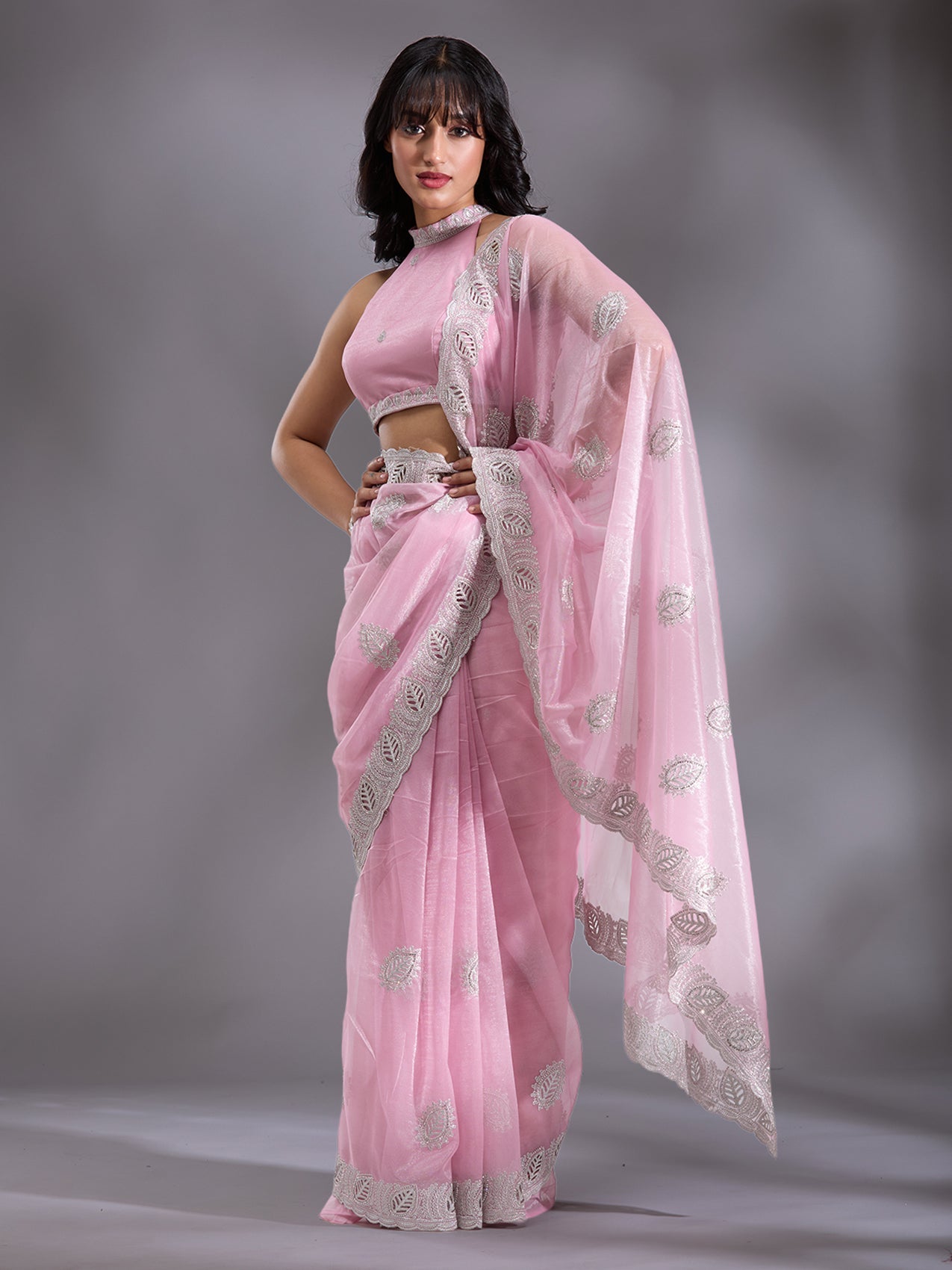Baby Pink Cutwork Organza Saree-Koskii