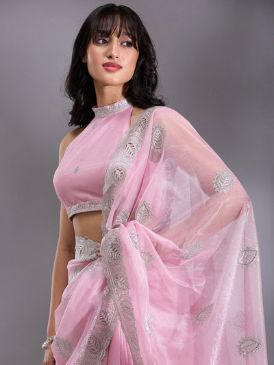 Baby Pink Cutwork Organza Saree-Koskii