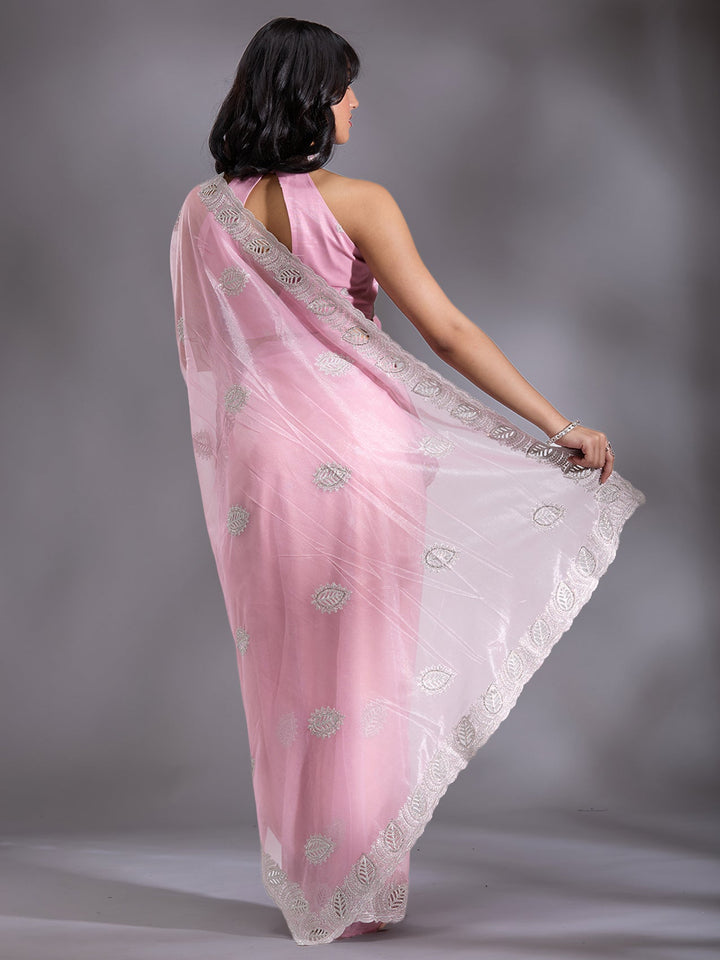 Baby Pink Cutwork Organza Saree-Koskii