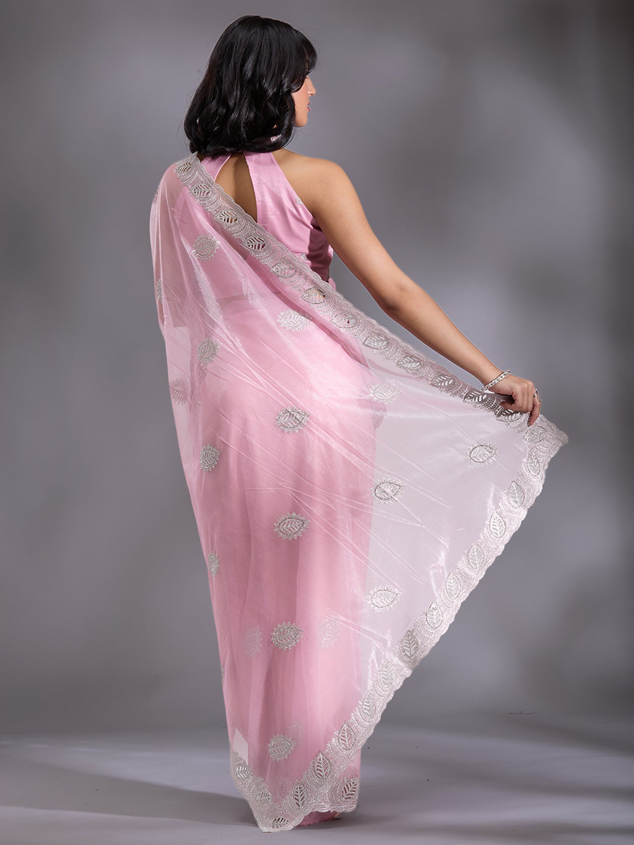 Baby Pink Cutwork Organza Saree-Koskii