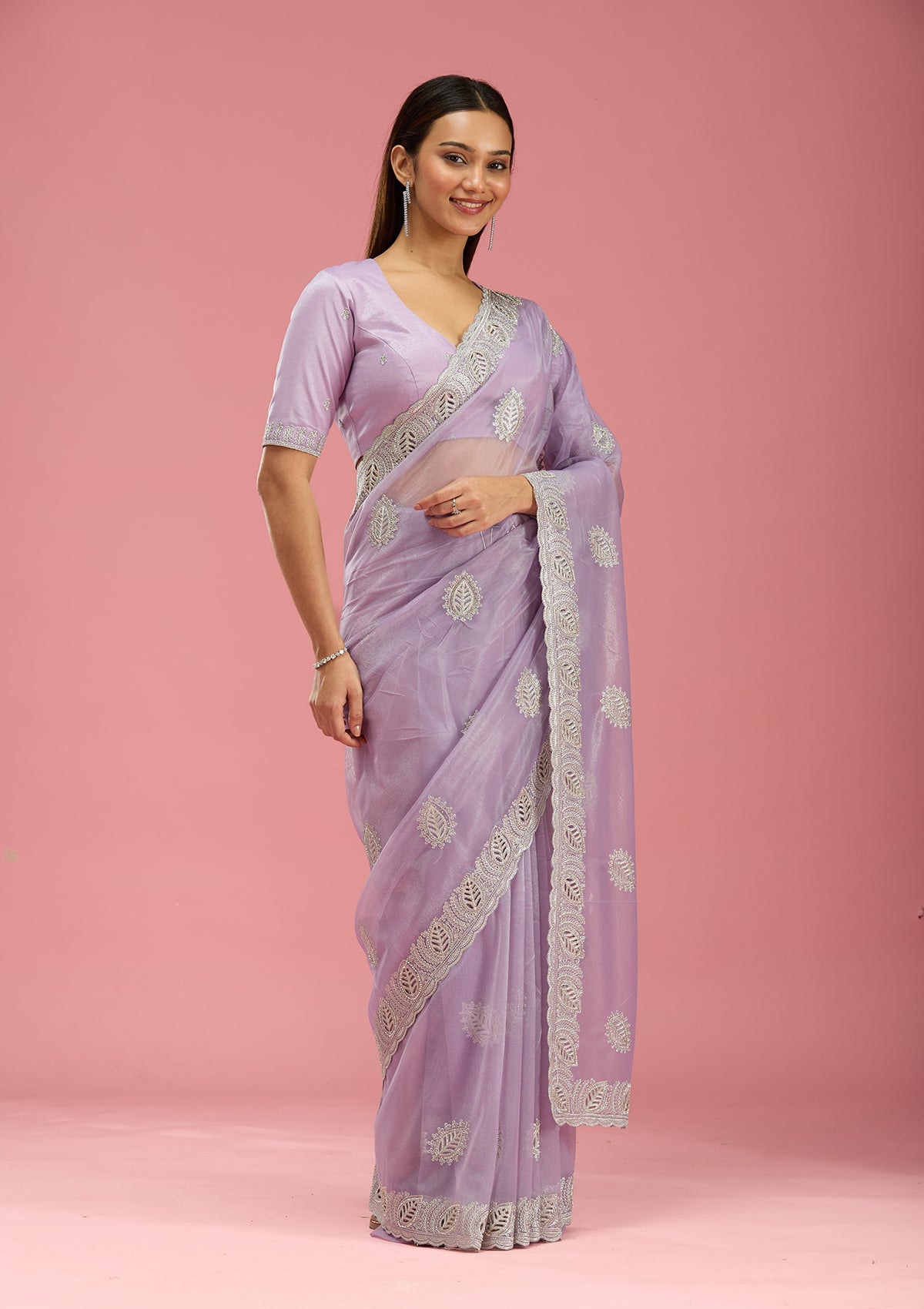 Lavender Cutwork Organza Saree-Koskii