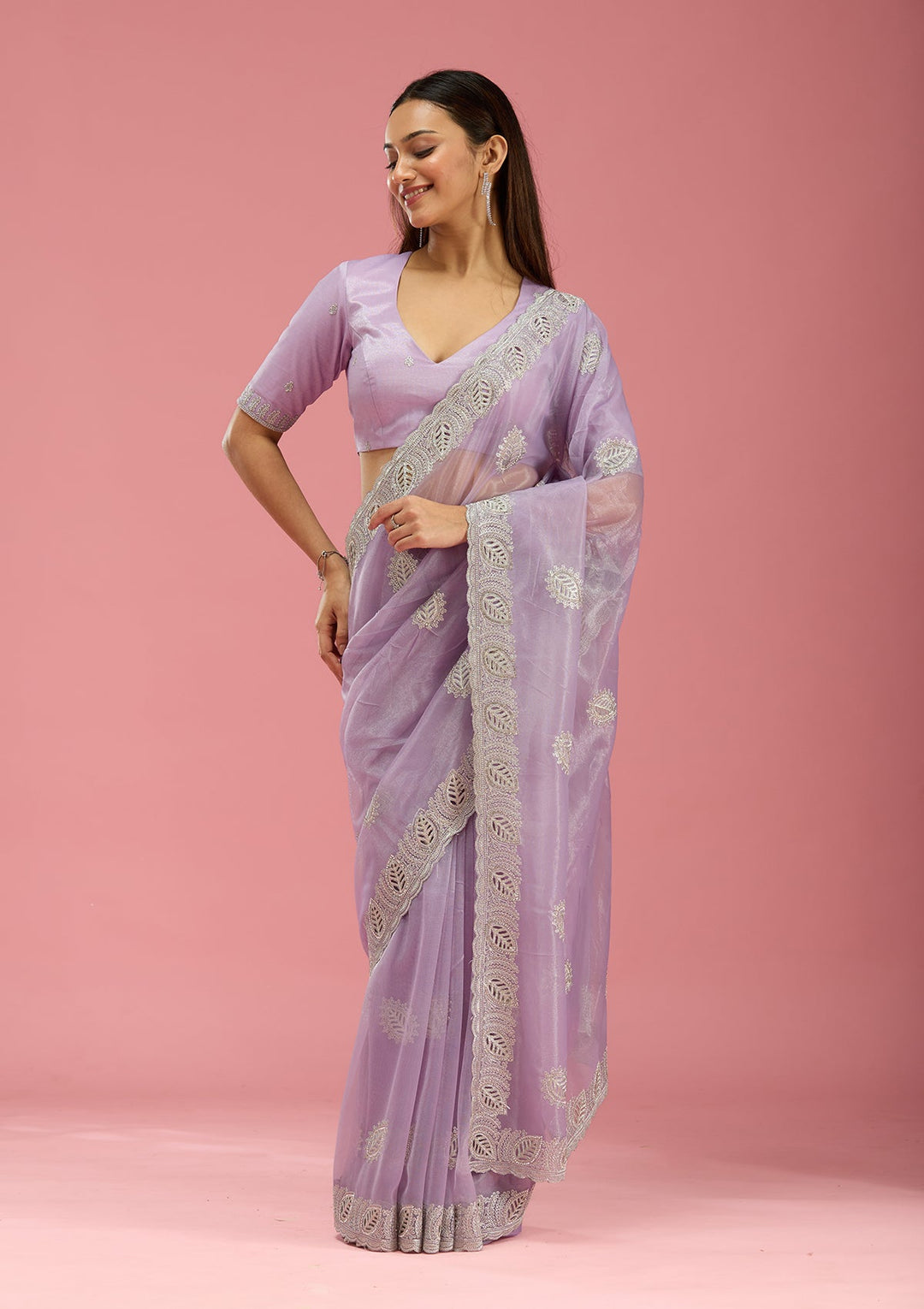 Lavender Cutwork Organza Saree-Koskii