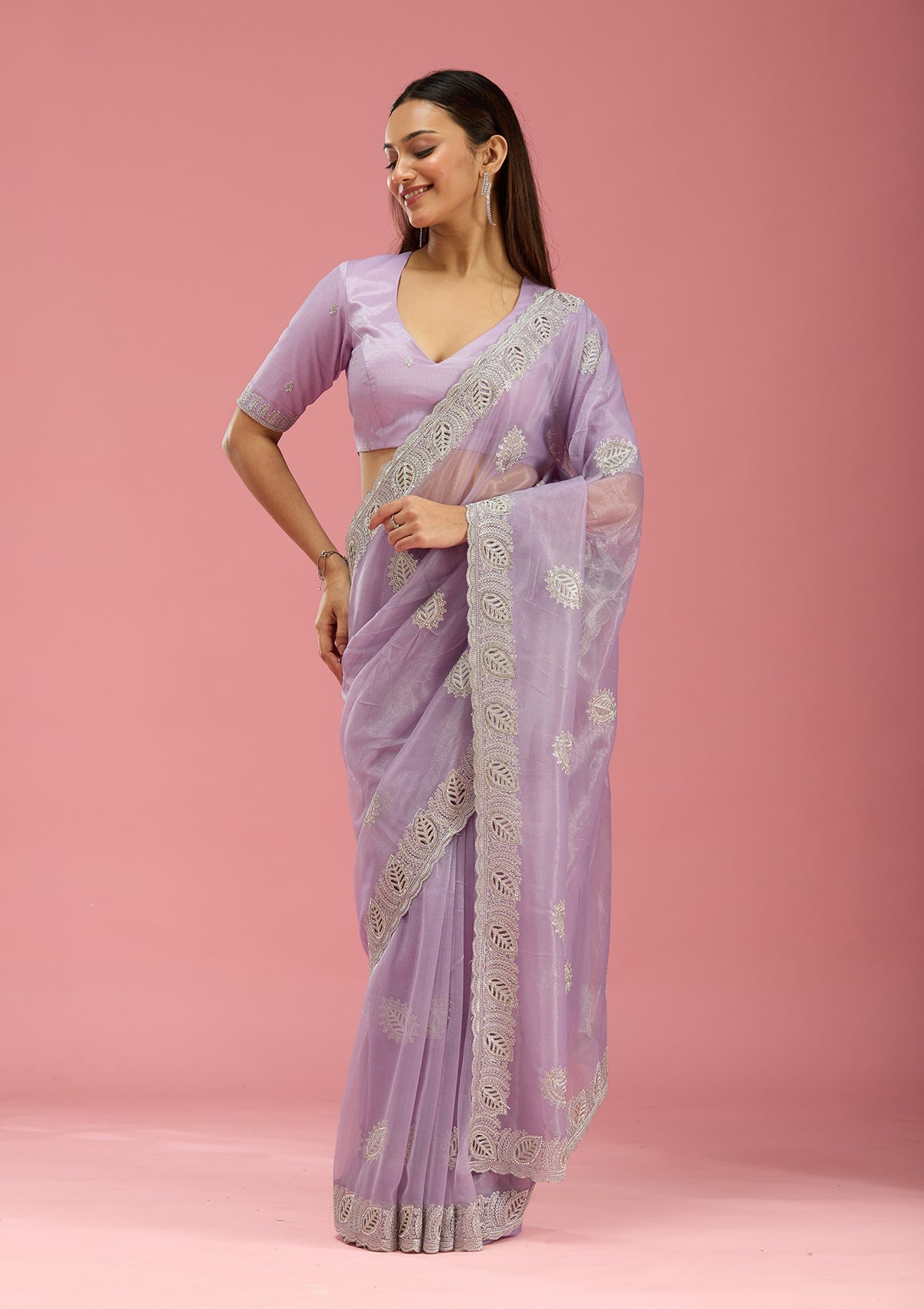 Lavender Cutwork Organza Saree-Koskii