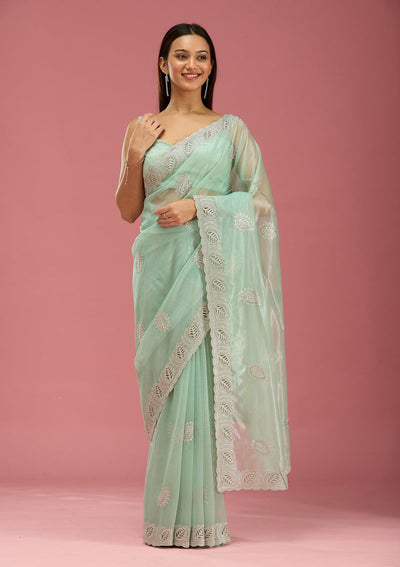 Sea Green Cutwork Organza Saree-Koskii