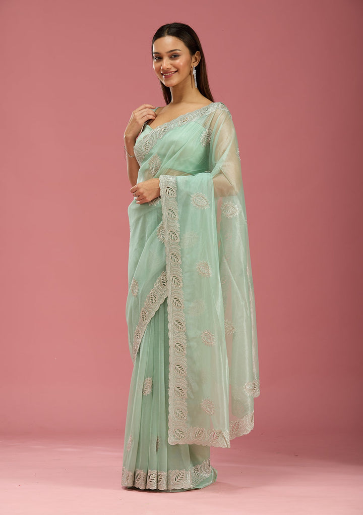Sea Green Cutwork Organza Saree-Koskii