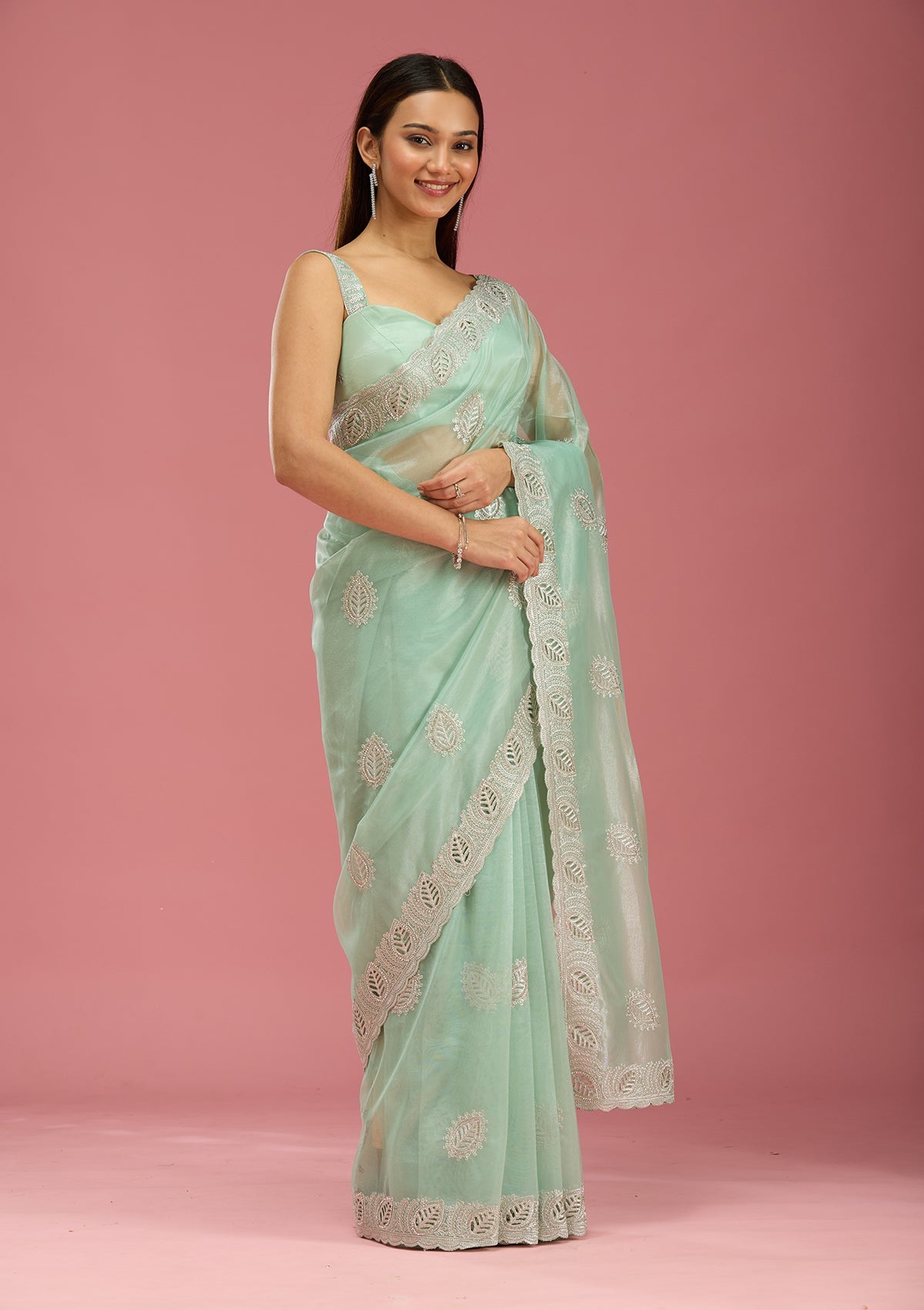 Sea Green Cutwork Organza Saree-Koskii