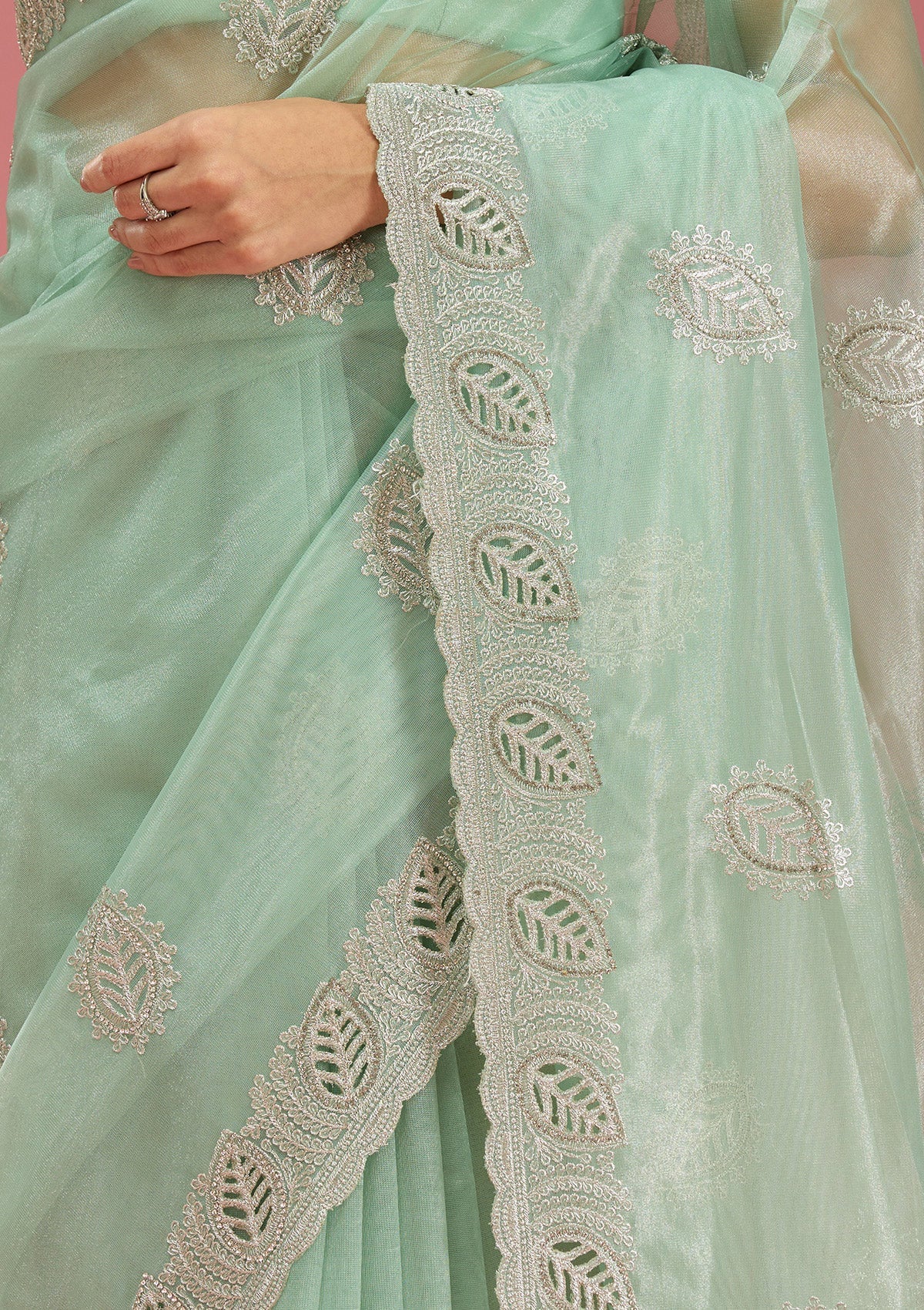 Sea Green Cutwork Organza Saree-Koskii