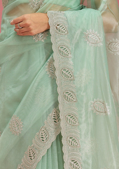 Sea Green Cutwork Organza Saree-Koskii
