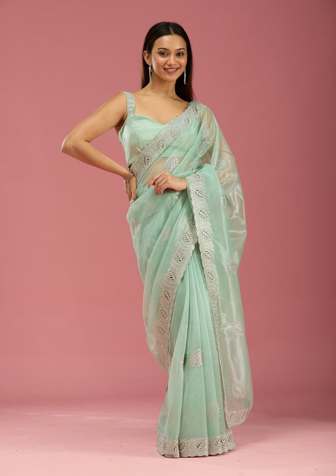 Sea Green Cutwork Organza Saree-Koskii